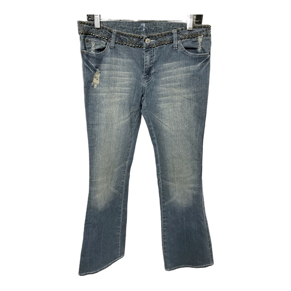 7 For All Mankind Flare Sz 28 Blue Studded Waist Distressed dark Havana jeans - Picture 2 of 13
